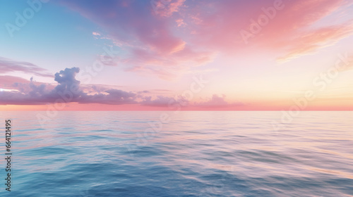 Inspirational calm sea with sunset sky. Meditation ocean and sky background. Pastel Colorful horizon over the water