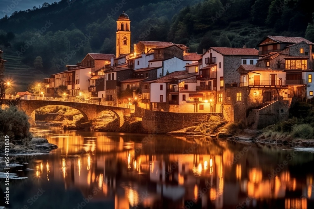 A picturesque village in northern Spain, glowing with lights after sunset. Generative AI