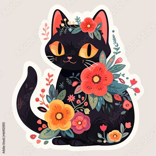 Cute pretty smile black kitten with flowers. Spring cat sticker. Cartoon style clipart, print design. Love animals, love cat concept