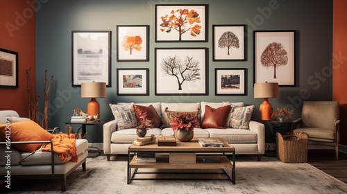 An artistic gallery wall in a living room  featuring autumn-inspired artwork and decor  the HD camera capturing the curated collection in a visually stunning focal point.