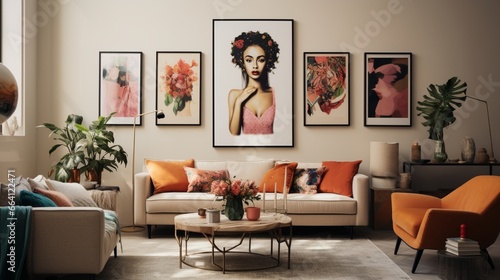An artistic gallery wall in a living room  featuring autumn-inspired artwork and decor  the HD camera capturing the curated collection in a visually stunning focal point.