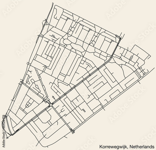 Detailed hand-drawn navigational urban street roads map of the Dutch city of KORREWEGWIJK, NETHERLANDS with solid road lines and name tag on vintage background