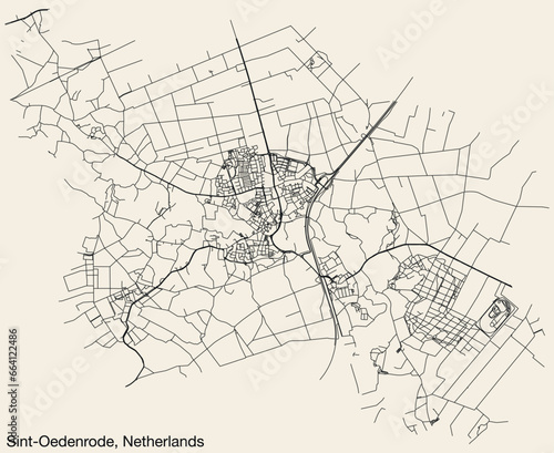 Detailed hand-drawn navigational urban street roads map of the Dutch city of SINT-OEDENRODE, NETHERLANDS with solid road lines and name tag on vintage background