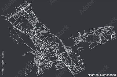 Detailed hand-drawn navigational urban street roads map of the Dutch city of NAARDEN, NETHERLANDS with solid road lines and name tag on vintage background