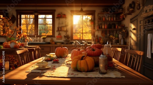 An inviting kitchen with rich wooden accents, autumn-themed table settings, and the HD camera capturing the warmth of a fall harvest atmosphere. © cheena
