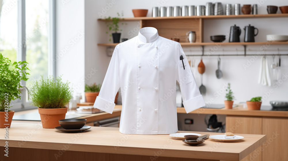 white chef uniform with black buttons in the kitchen generativa IA