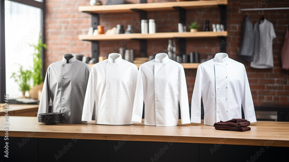 Set of different clothes hanging on rack in modern kitchen, closeup generativa IA