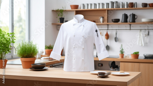 white chef uniform with black buttons in the kitchen generativa IA