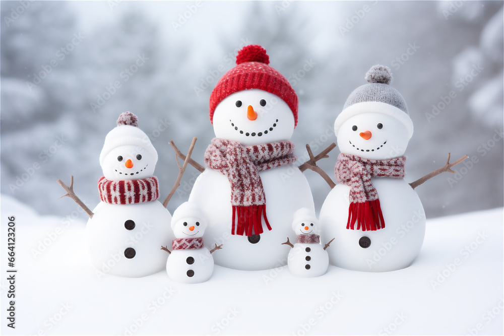 A Family of Snowmen in the Snow outside A Family of Snowmen in the Snow outside