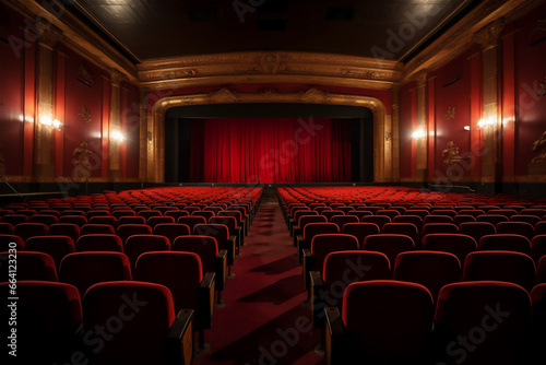 Darkened empty movie theatre and stage with the red curtains, rows of vacant seats from the rear