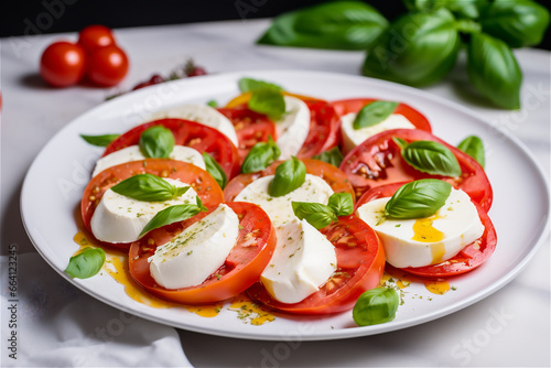 italian caprese salad in restaurant. Fresh mozarella, sliced tomatoes, basil leaf, olive oil. Organic and healthy.