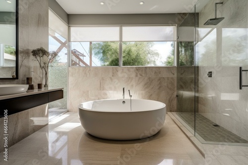 Contemporary bathroom with sleek bathtub. Generative AI