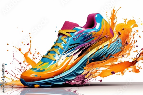 Colorful sports shoes for a marathon or running festival, depicted with paint splash. Isolated design element on white background. Generative AI