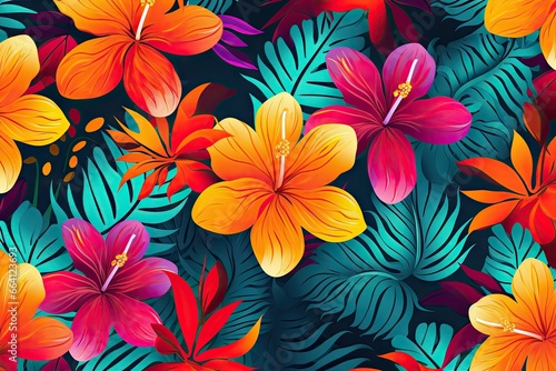 Tropical pattern with bright hibiscus flowers and exotic palm leaves on dark background. Exotic floral jungle backdrop. Botanical wallpaper in Hawaiian style