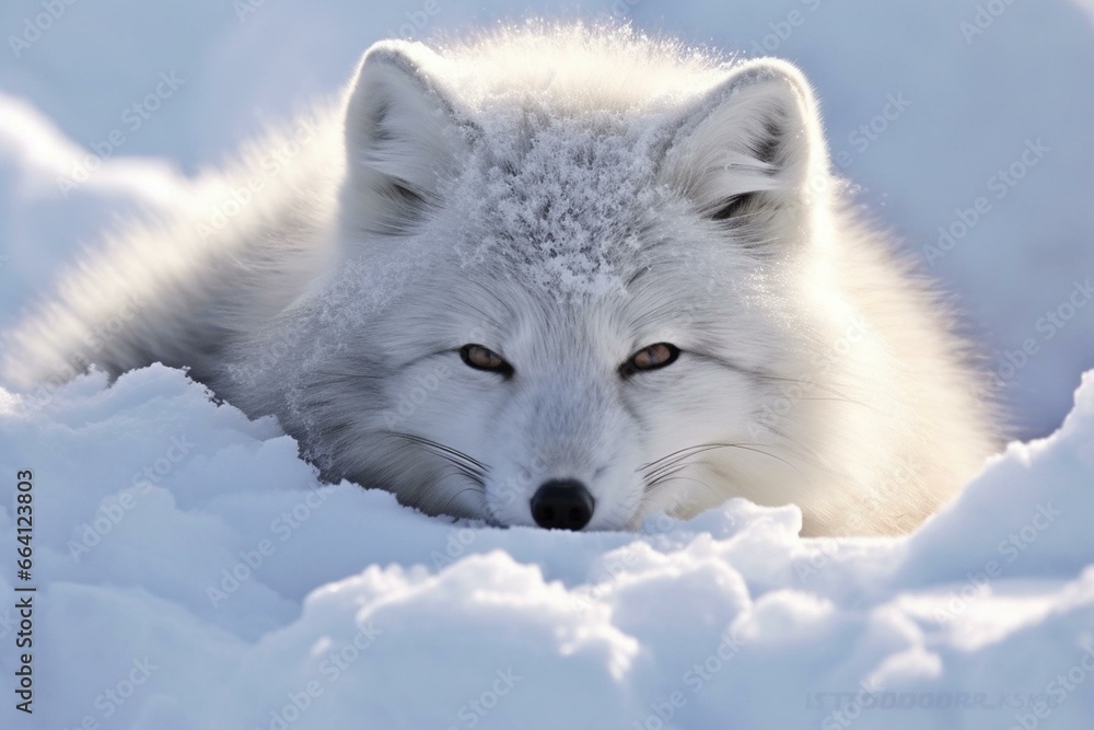 adult arctic fox rests in snowy winter. Generative AI
