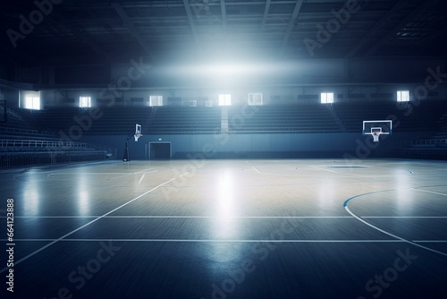 Wide view of a basketball court with slight motion blur and blue toning. Generative AI photo
