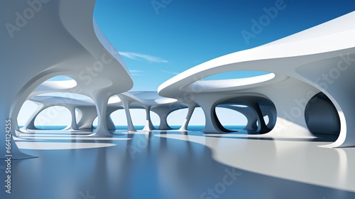 Abstract architecture background. 3d render of modern architecture with blue sky. 3D render of white architecture in Santorini island, Greece © vachom