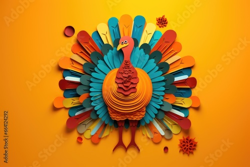 Paper colorful cartoon turkey isolated on yellow background with fall leaves. Happy Thanksgiving celebration concept. Autumn holiday flyer  poster or banner with copy space. Papercraft  quilling