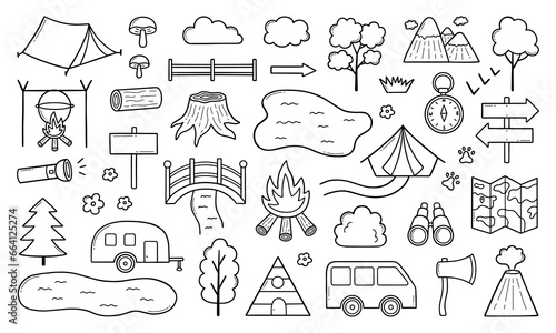 Camping and hiking doodle set. Outdoor travel map elements: mountains, forest, road, house, river in sketch style. Hand drawn vector illustration isolated on white background