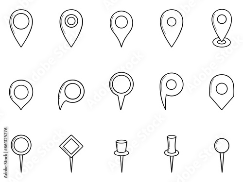 Map pins doodle set. Navigation sign, location pointers, tags and markers in sketch style. Hand drawn vector illustration isolated on white background