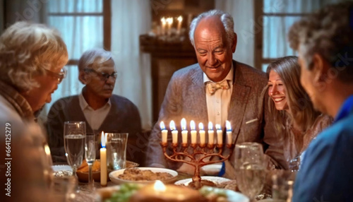 Happy Jewish family celebrating Hanukkah. Elderly relatives people gathered at the dinner table. Religious symbol candlestick. photo