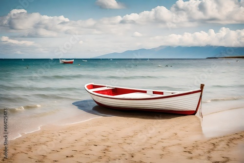boat on the beach, A serene scene by the tranquil shore, where a pristine white and red boat rests on the sandy beach during a sun-drenched daytime