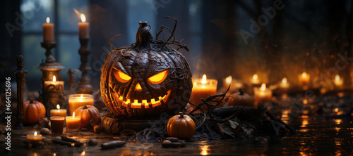 A mysterious, glowing Jack o' Lantern surrounded by thick, mystical fog, creating an eerie atmosphere. Ideal for web banner with copy space. Generative Ai © bluebeat76