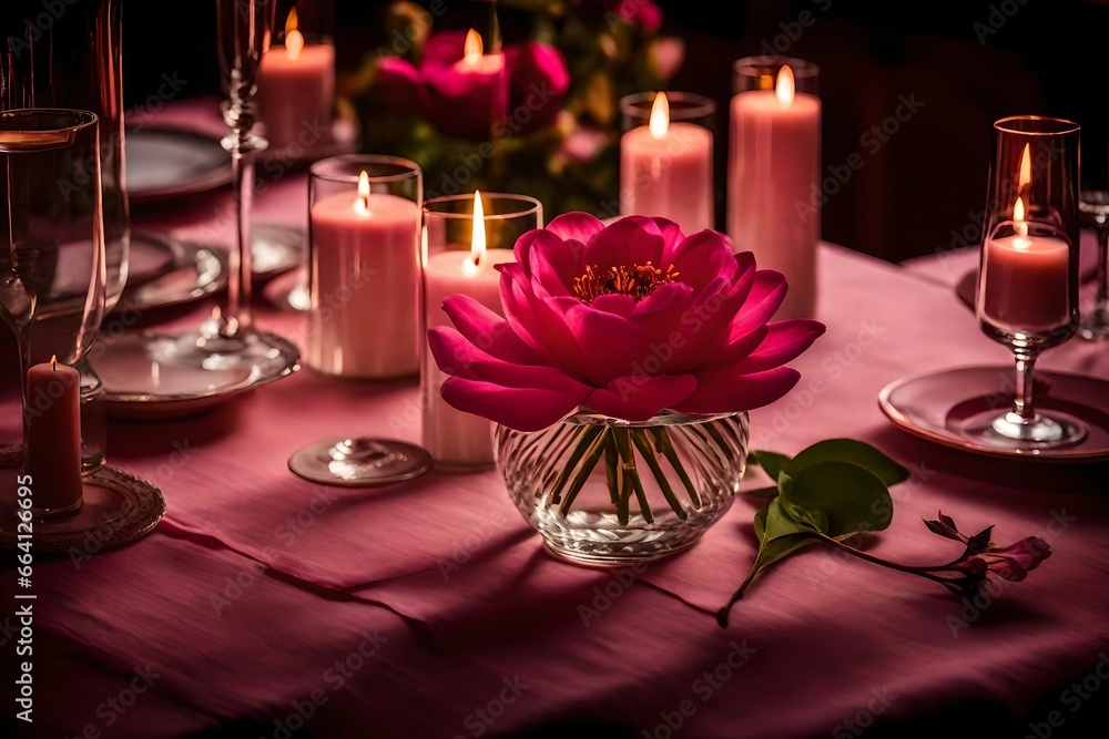 dinner table setting, A solitary pink petaled flower on the table, bathed in the soft glow of a candlelit dinner