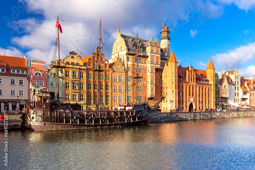Panorama of Old Town with Old harbour crane and city gate Zuraw and Motlawa River, Gdansk, Poland photo