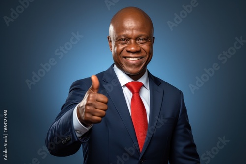 Businessman holding thumb up smile face