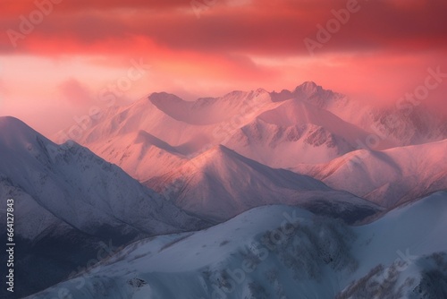 Stunning art of snowy mountains against a pink sunset sky. Generative AI