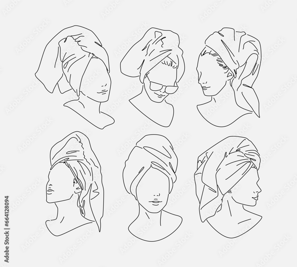 set collection of line art of a woman face with a towel on her head. editable stroke. vector illustration. set collection of line art of a woman face with a towel on her head. editable stroke. vector illustration.