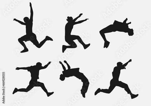 young men doing parkour. different techniques, poses, movements, actions in silhouette style. vector illustration.