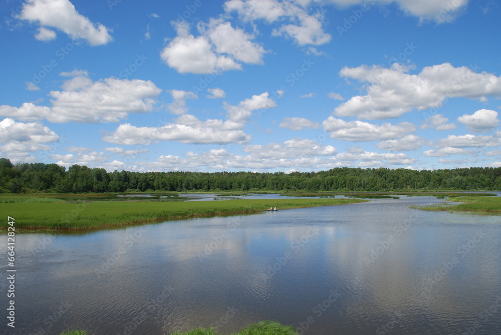 Lake under a cloudy sky. Forest lake with small waves on the surface, under a light blue sky with white cumulus and cirrus clouds. A forest with green foliage grows along the shores of the lake.