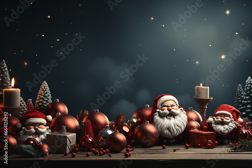 Ai Generative Christmas banner with copy space for text, santa claus celebrate with giftboxes, fir tree branches and red ornaments, dark color background 