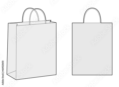 Shopping Paper Bag tote silhouette. Fashion accessory technical illustration. Vector satchel front 3-4 view for Men, women, unisex style, flat handbag CAD mockup sketch outline isolated