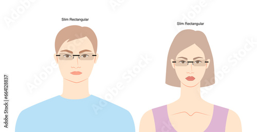Slim Rectangular frame glasses on women and men flat character fashion accessory illustration. Sunglass front view unisex style, rim spectacles eyeglasses, lens sketch style outline isolated on white