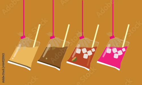 A vector of "ikat tepi" choice of drink such as milk tea, "kopi kaw", ice lime tea and sirap bandung. Hawker style drink preparation that can get in Malaysia and other South East Asian region.