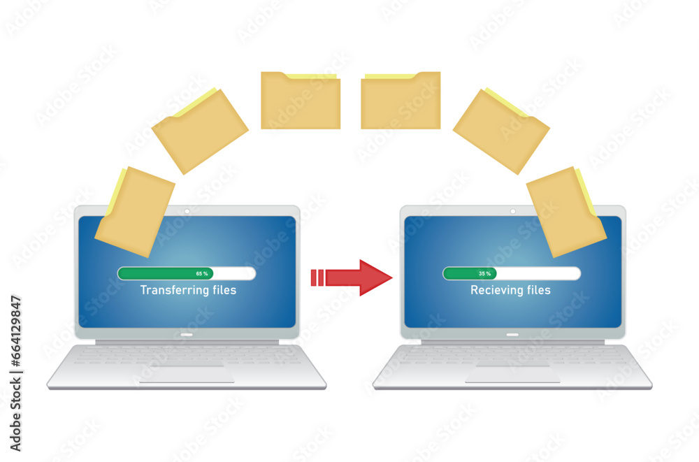 Transferring file maps. Two laptops loading file maps. Isolated. Vector illustration. Transferring file maps. Two laptops loading file maps. Isolated. Vector illustration.