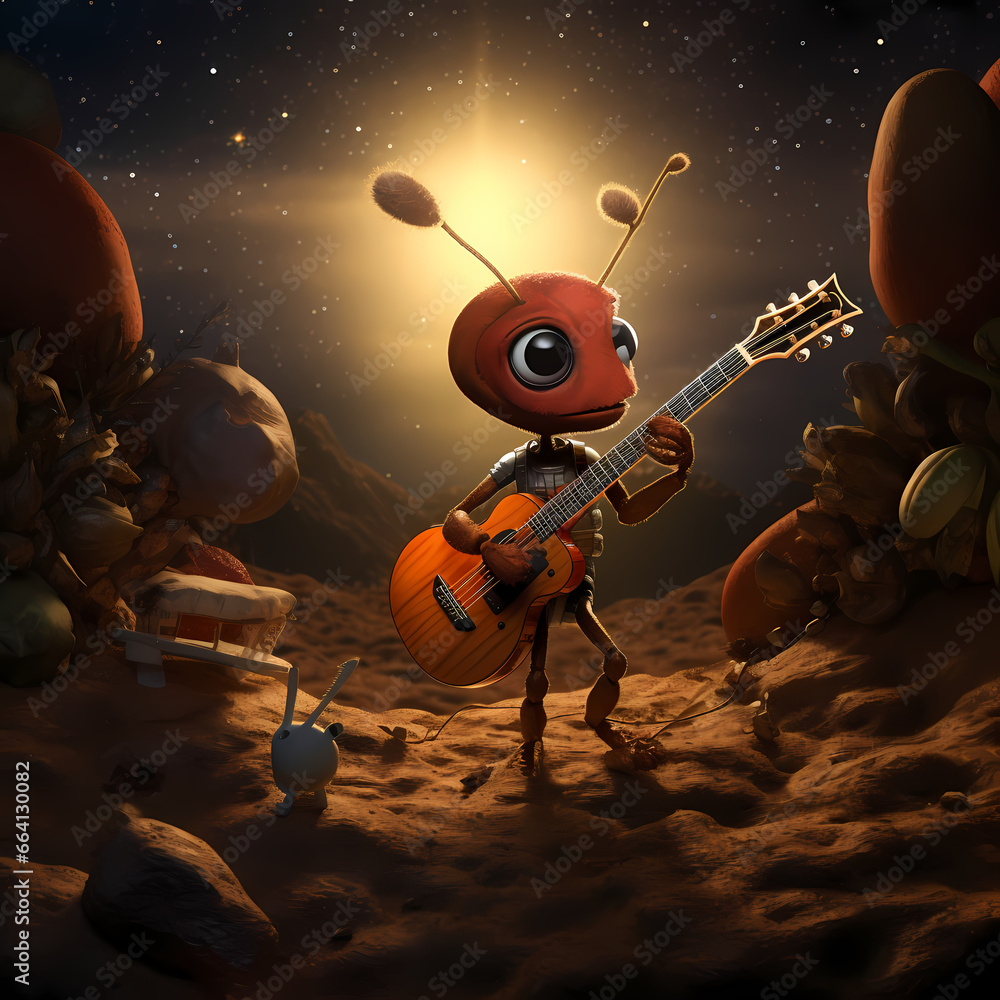 Naklejka premium Ant plays guitar at midnight