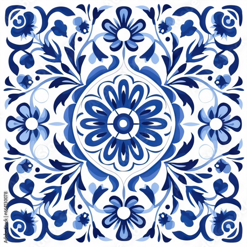 Ethnic folk ceramic tile in talavera style with navy blue floral ornament. Italian pattern, traditional Portuguese and Spain decor. Mediterranean porcelain pottery isolated on white background