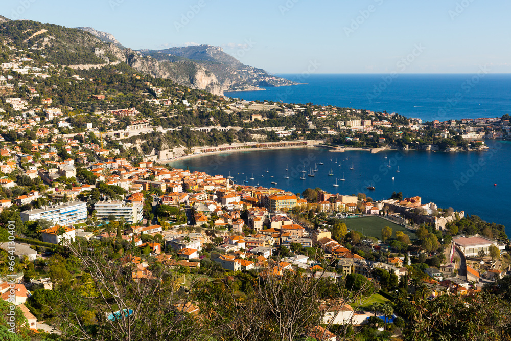 Panoramic view of Nice with Mediterranean sea and Alps in sunny day, France