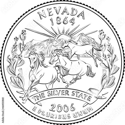 American money, USA Washington quarter dollar Nevada. Black and white image