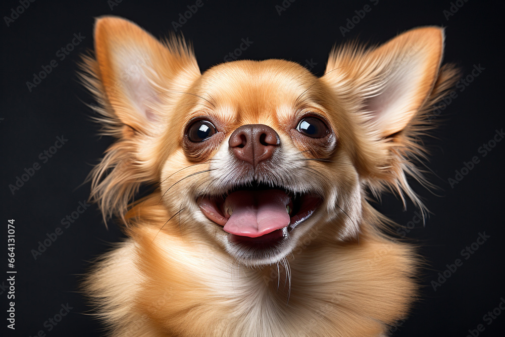 Candid portrait of a smiling, happy, joyful chihuahua dog isolated on a black background