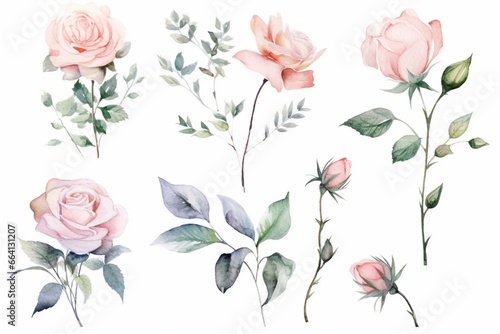 Watercolor floral collection with delicate pink rose illustrations. Generative AI