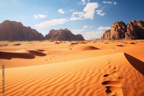 Desert landscape with beautiful mountains and sand dunes in Wadi Rum, Jordan. Generative AI