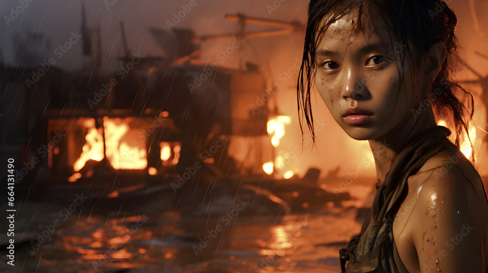 Young Chinese woman standing in front of a destroyed building on fire Young Chinese woman standing in front of a destroyed building on fire