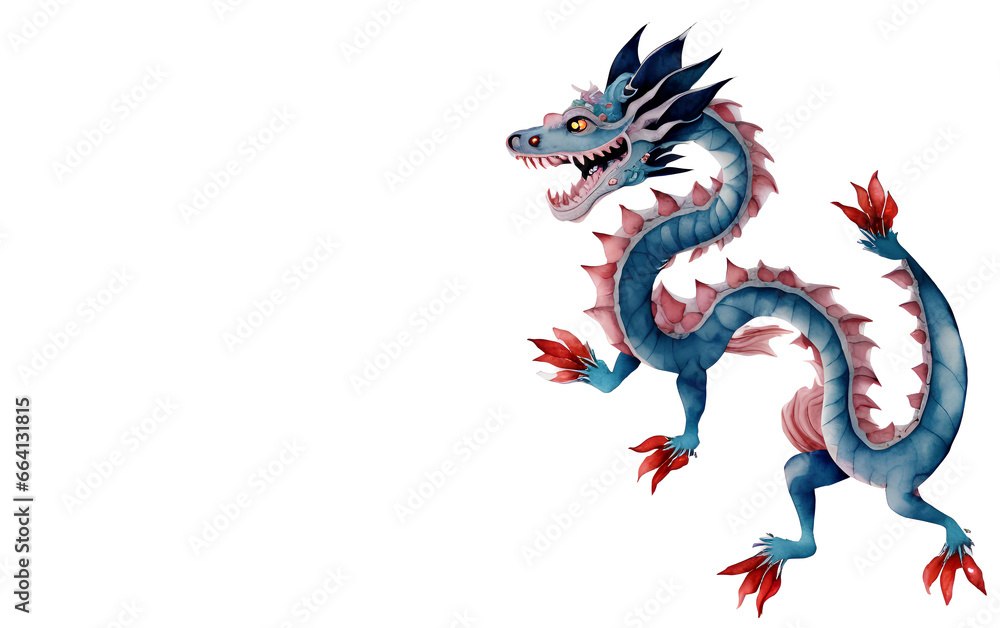 Obraz premium Chinese blue dragon on a transparent background, watercolor illustration. Place for text. generative AI
