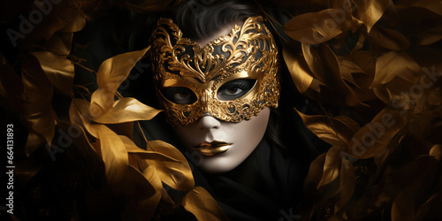 woman with golden carnival mask on black background