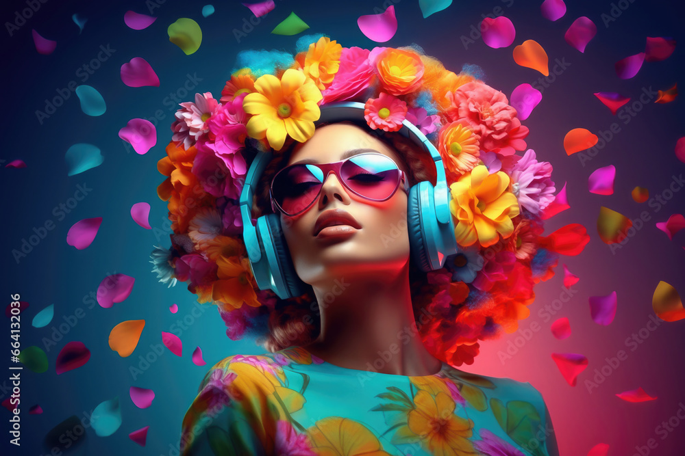 hippie woman with headphones and sunglasses wearing a colorful flower head band hippie woman with headphones and sunglasses wearing a colorful flower head band